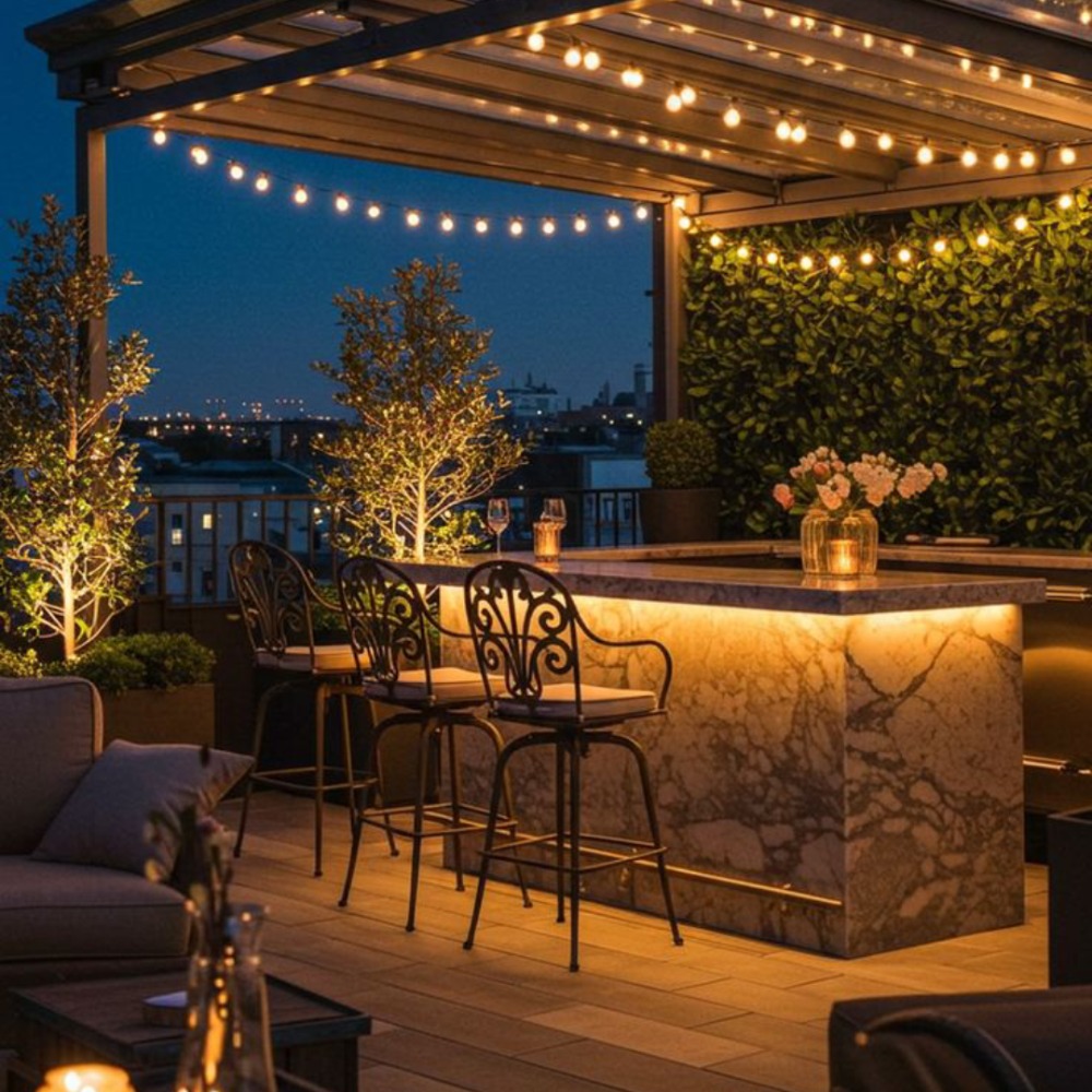 Rooftop dengan Furnitur Klasik dan Pencahayaan Hangat Rooftop dengan Furnitur Klasik dan Pencahayaan Hangat