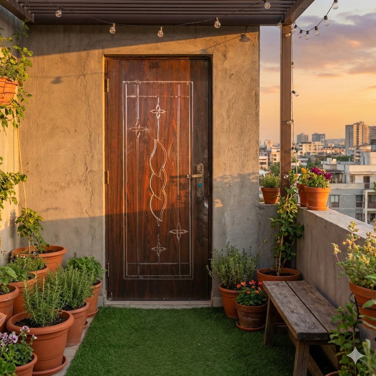 taman di rooftop rumah dengan pintu baja fortress motif kayu taman di rooftop rumah dengan pintu baja fortress motif kayu