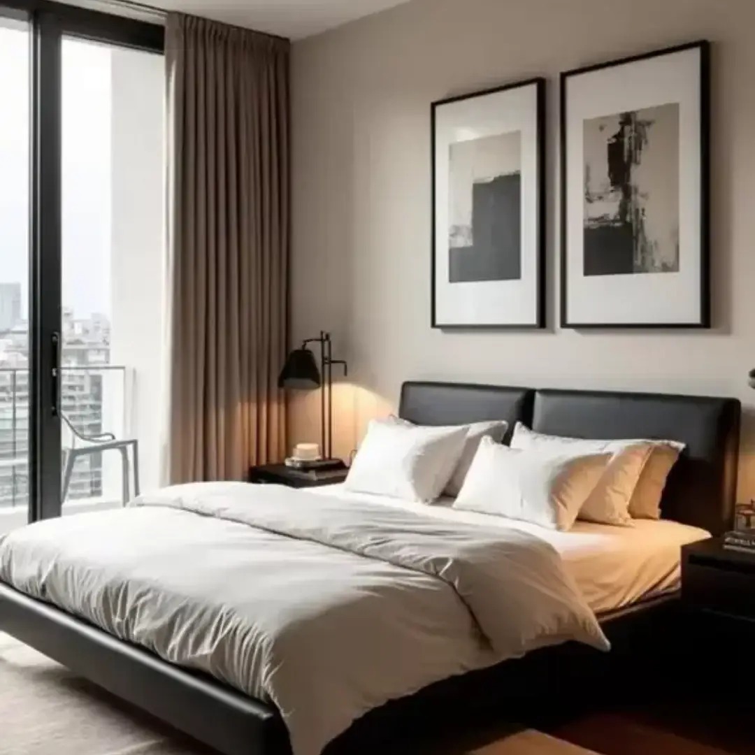 Kamar Tidur Cream dengan Dekor Aksen Hitam Kamar Tidur Cream dengan Dekor Aksen Hitam
