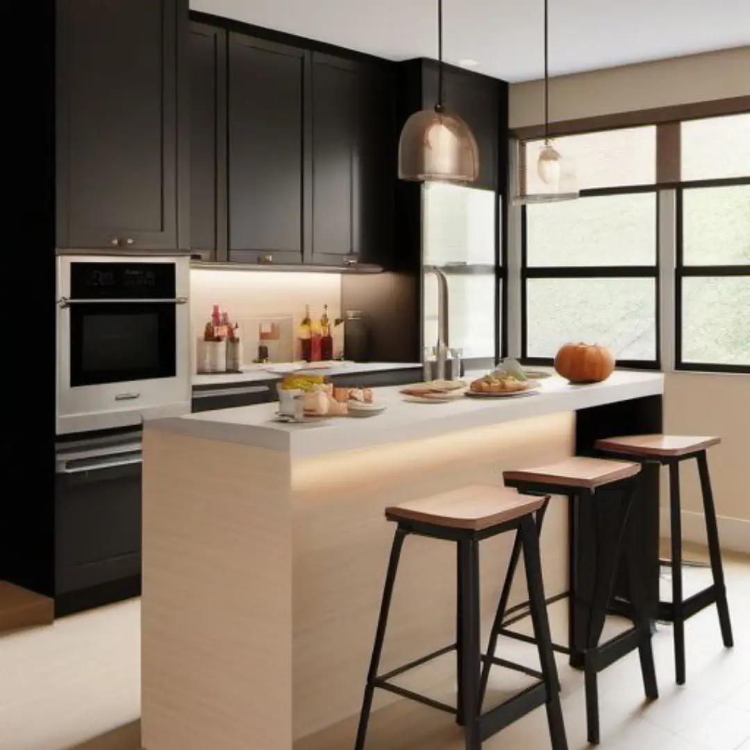 Dapur Minimalis Cream dengan Kabinet Hitam Dapur Minimalis Cream dengan Kabinet Hitam