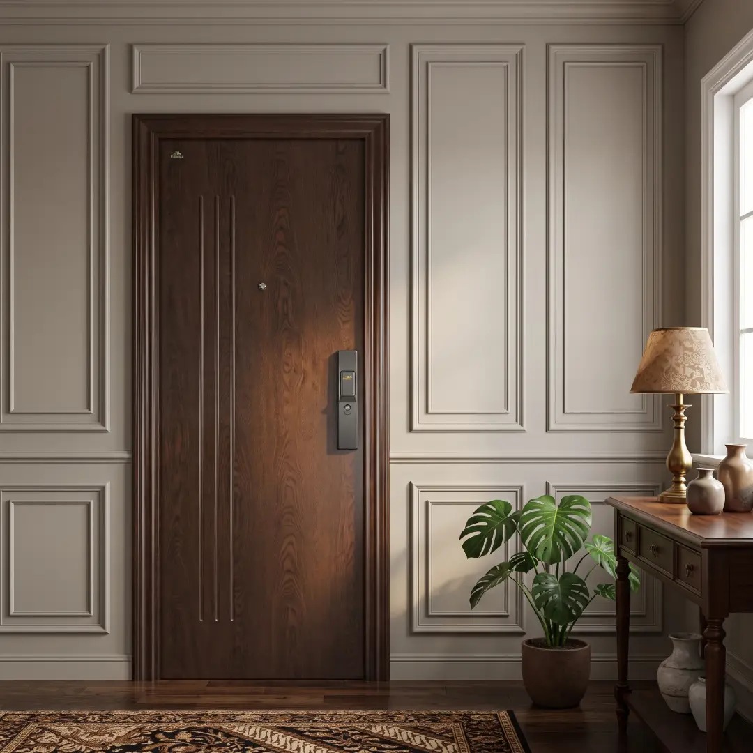 wall moulding pvc ruang tamu dengan pintu baja fortress 1 daun motif kayu wall moulding pvc ruang tamu dengan pintu baja fortress 1 daun motif kayu