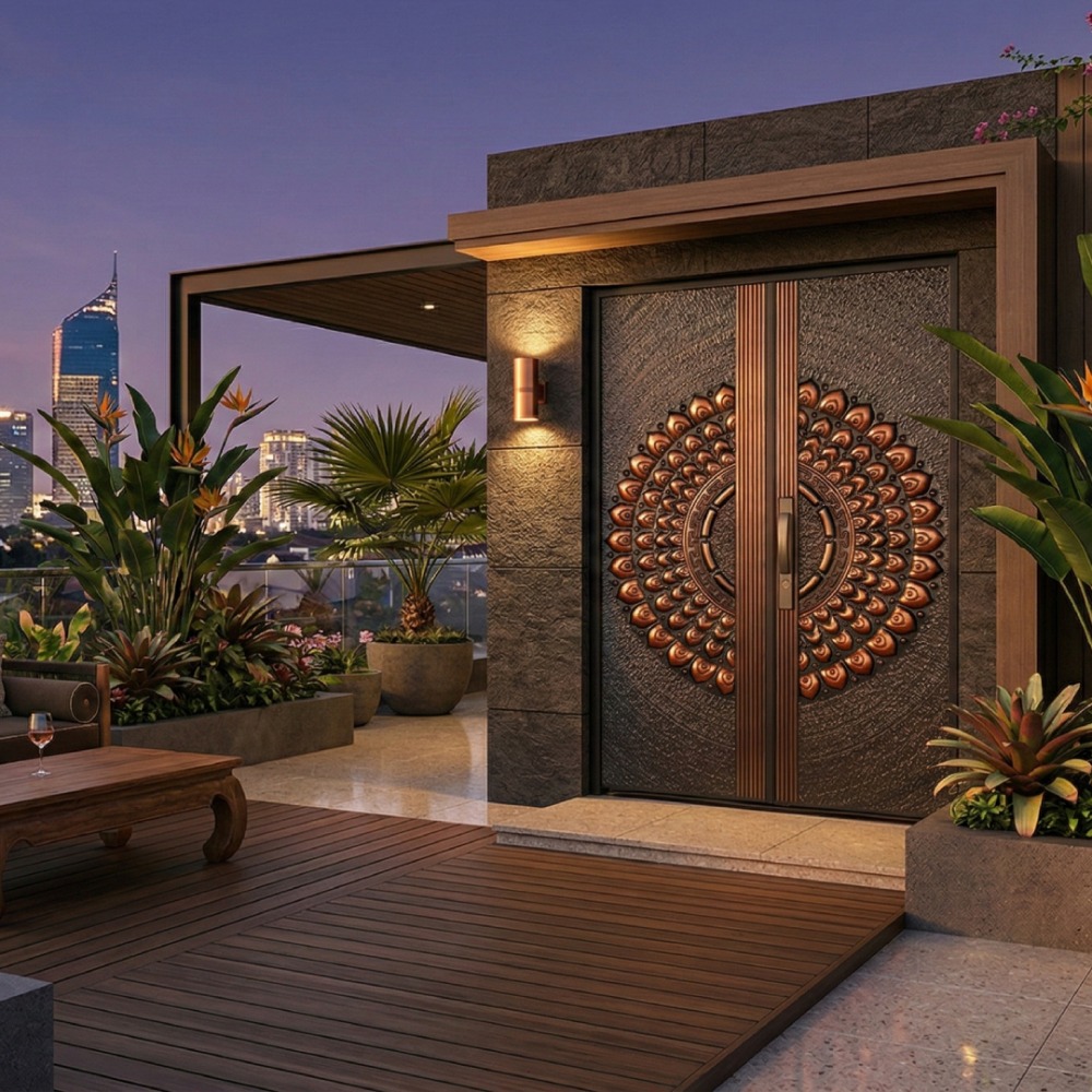 rooftop rumah mewah dengan pintu baja fortress