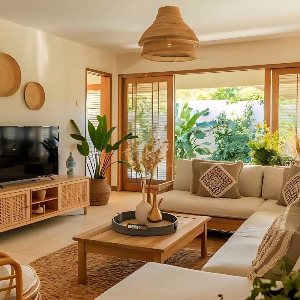 Interior Cream Muda dengan Sentuhan Kayu Tropis