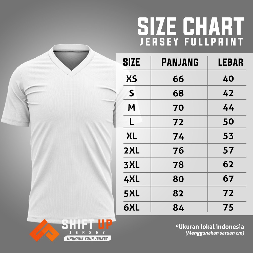 Size Chart yang digunakan oleh ShiftUp Jersey