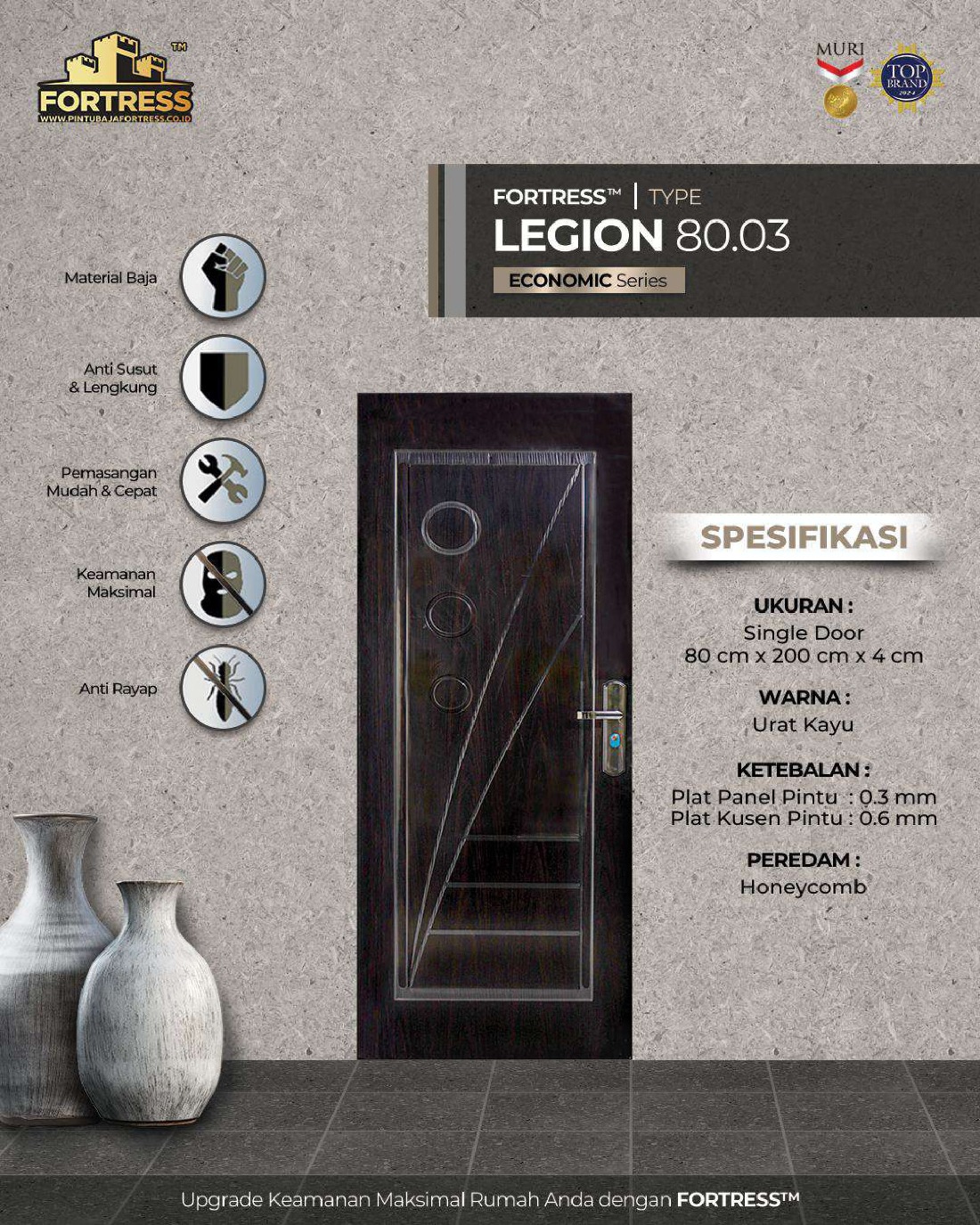 pintu baja fortress murah motif kayu gelap tipe legion 80.03