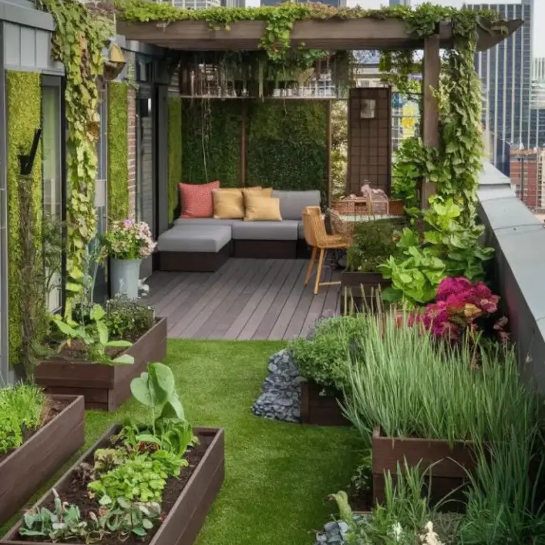 Model Rooftop dengan Kebun Sayuran dan Kursi Mini