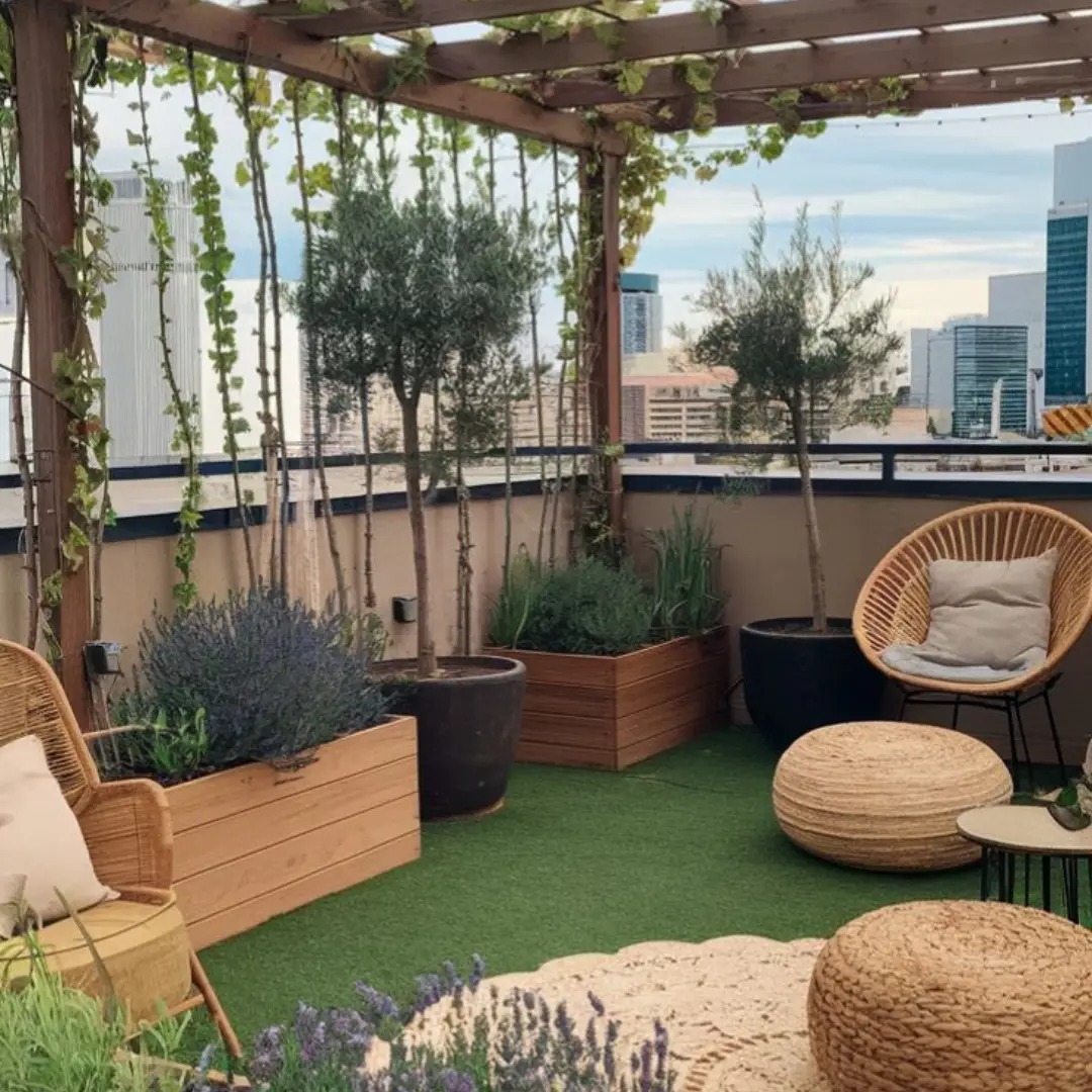 Rooftop Aksen Kayu dan Tanaman Merambat