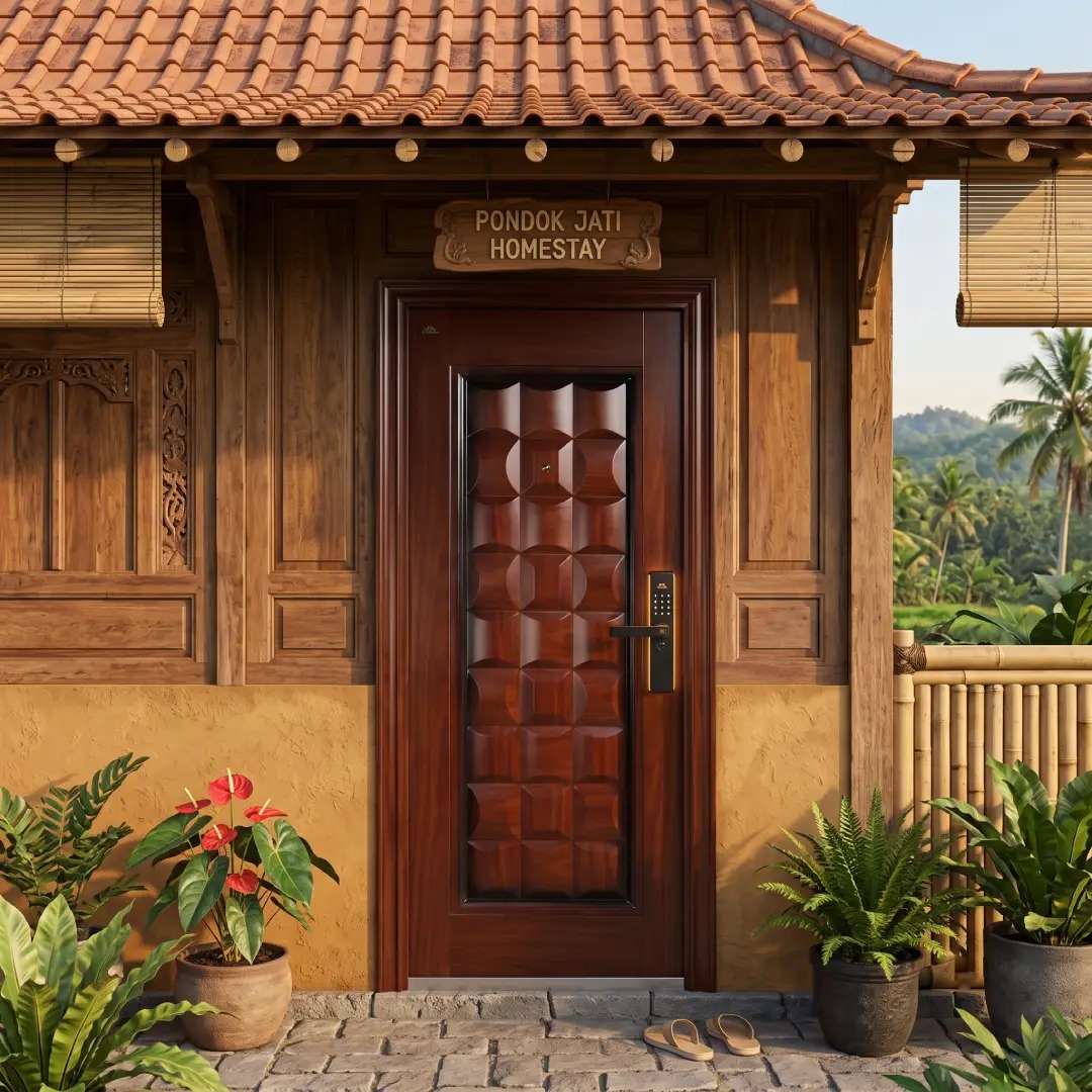 homestay dengan pintu baja motif urat kayu merk fortress
