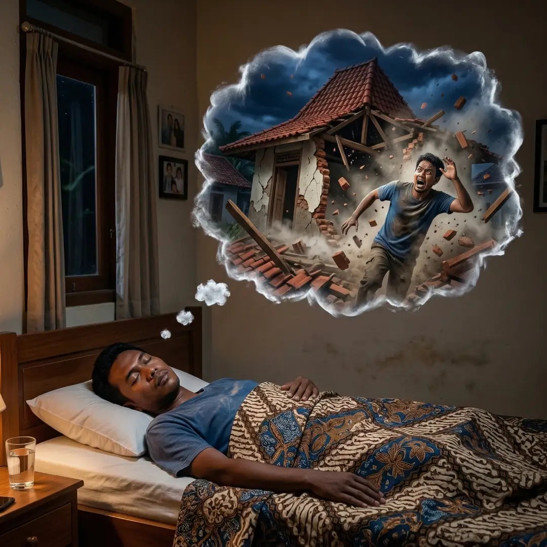 orang sedang bermimpi rumah roboh