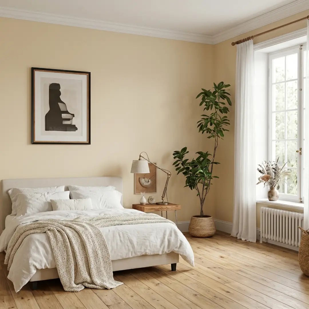 Kamar Cream Natural dengan Aksen Kayu