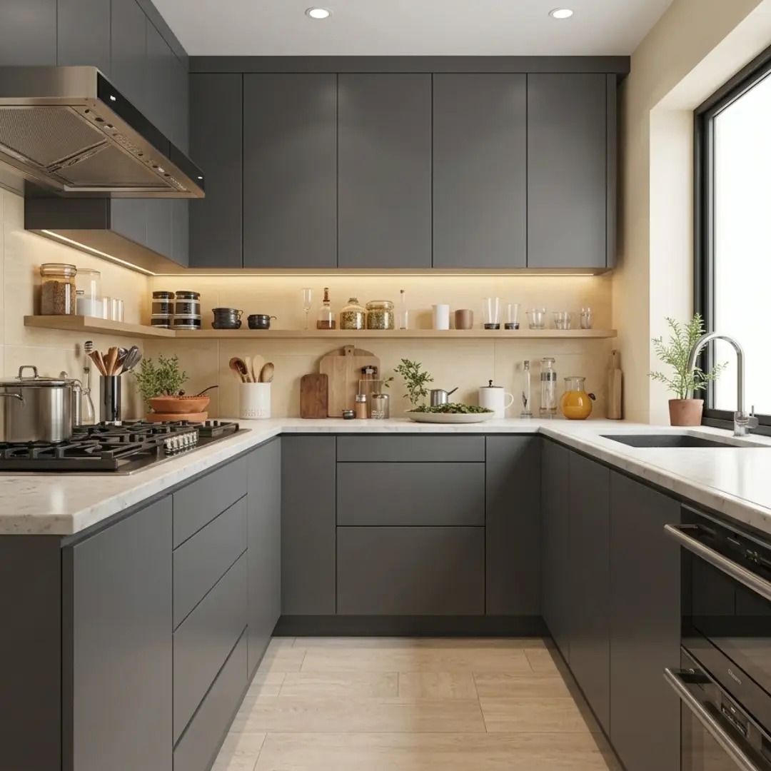 Dapur dengan Kabinet Abu-abu dan Dinding Cream