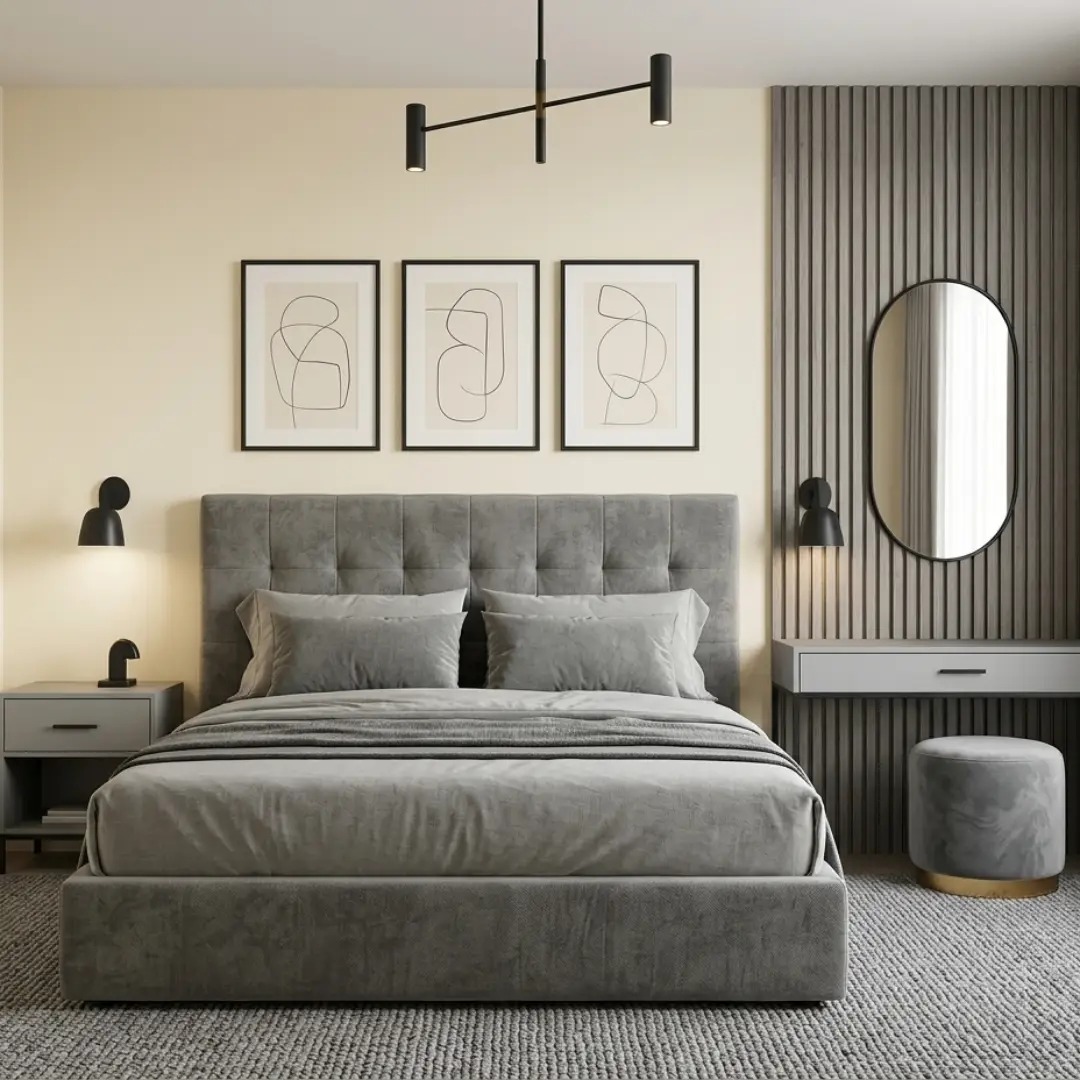 Kamar Tidur Warna Cream dan Abu-abu Modern