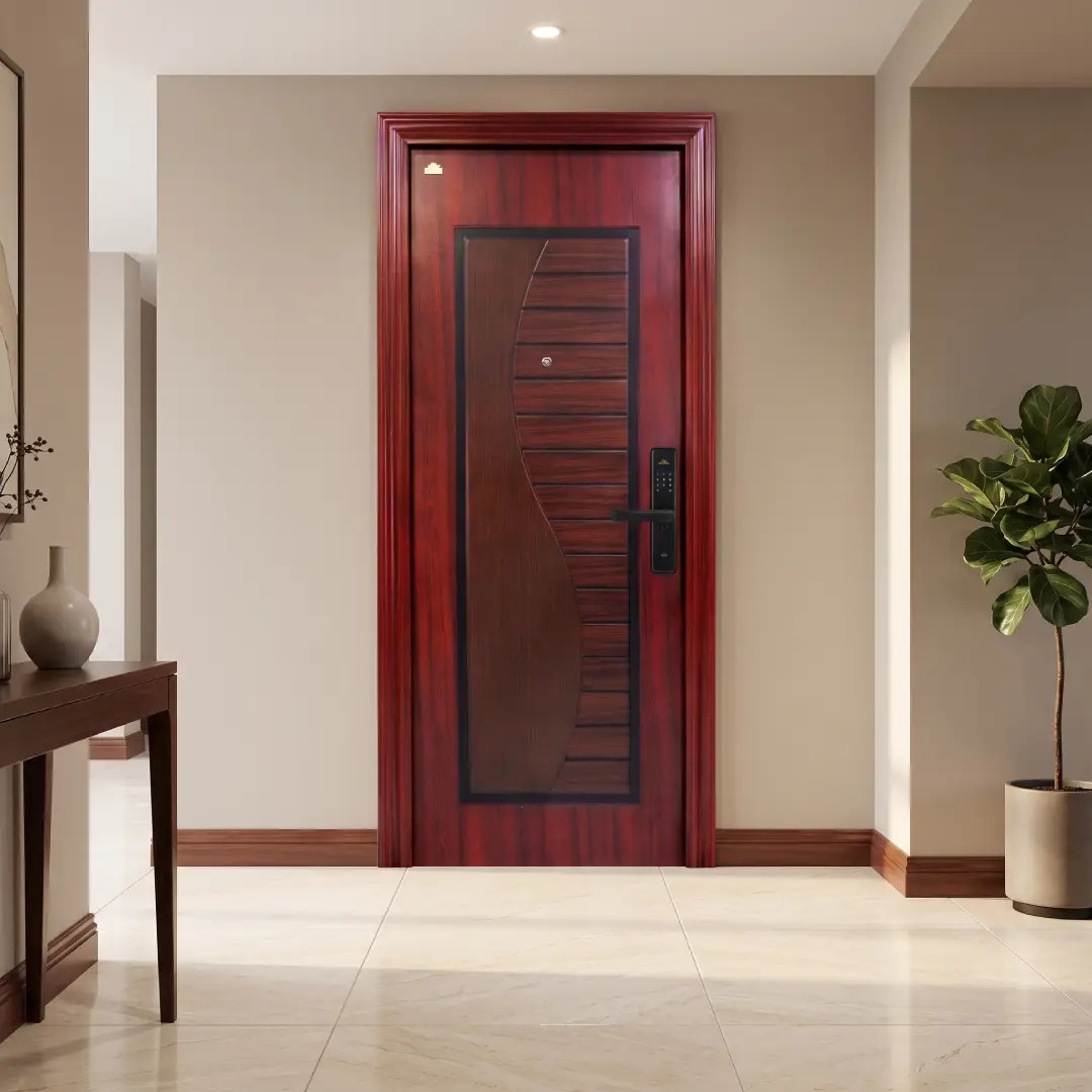 keramik warna cream motif dengan pintu baja motif urat kayu merk fortress