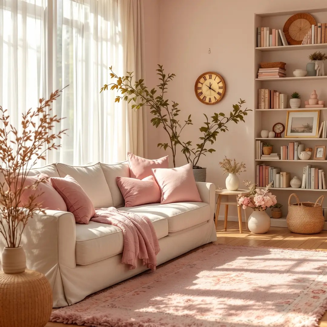 Interior Cream Pink Cantik dengan Aksen Tanaman Hias