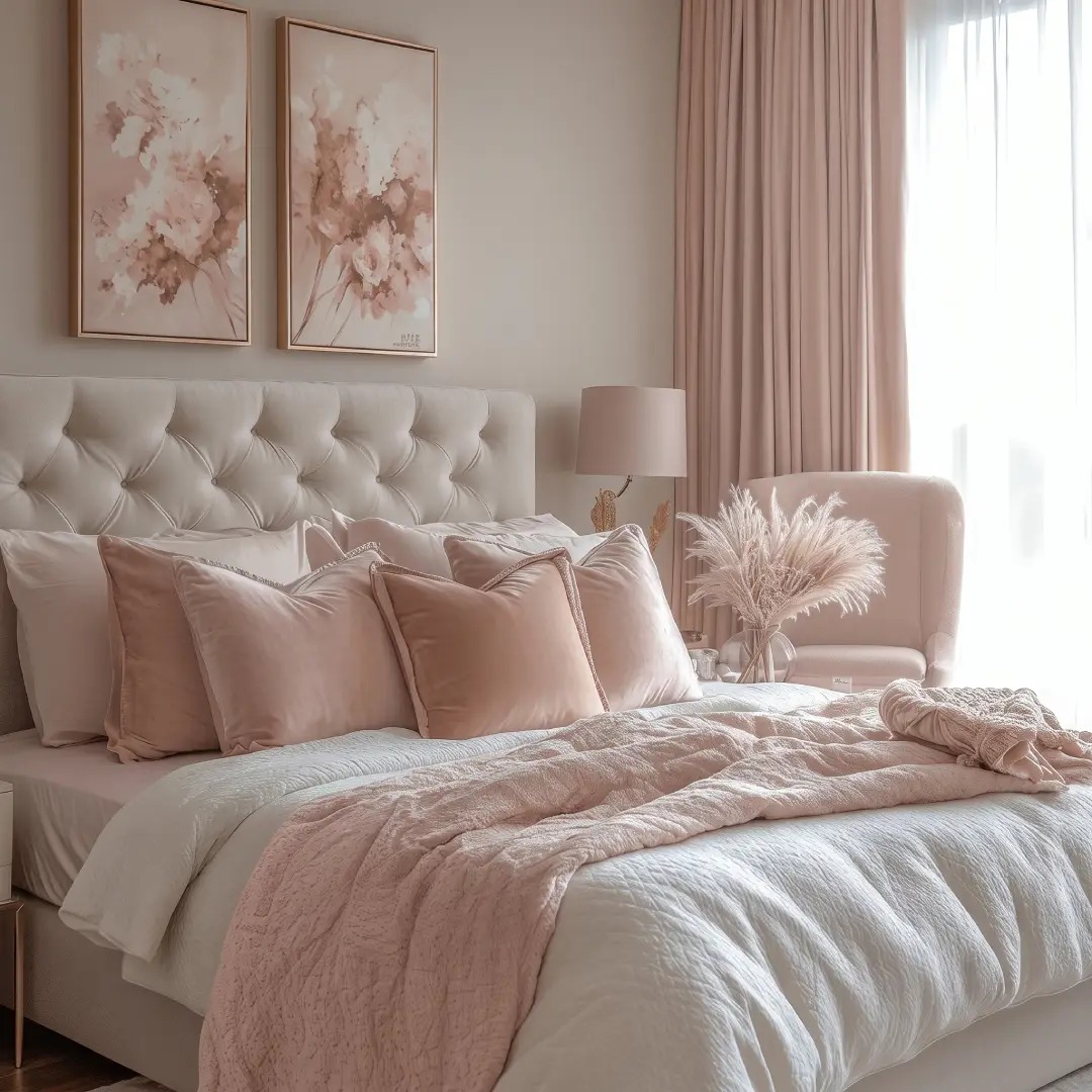 Kamar Tidur Nuansa Cream Pink yang Mewah