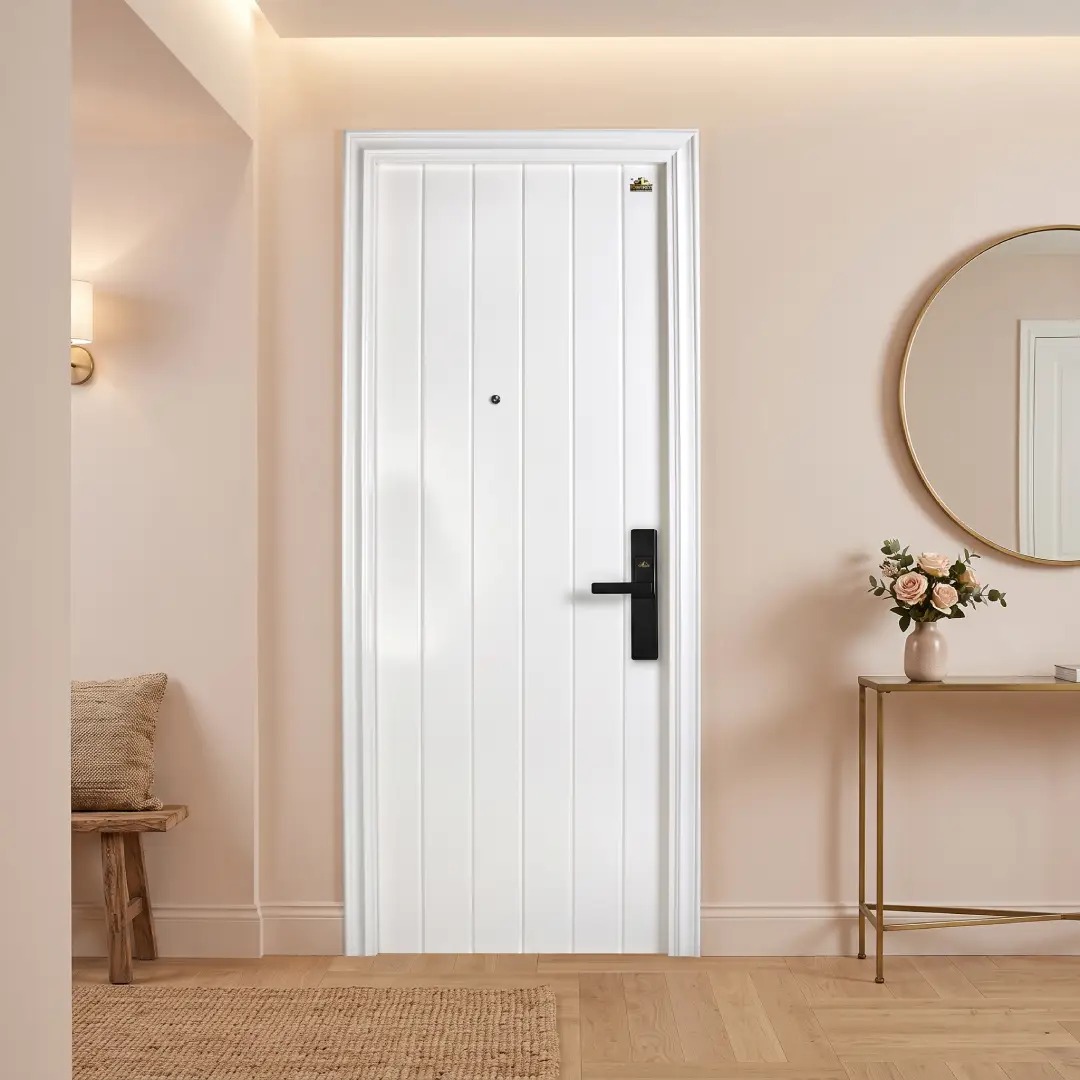 interior warna cream pink dengan pintu baja putih minimalis merk fortress