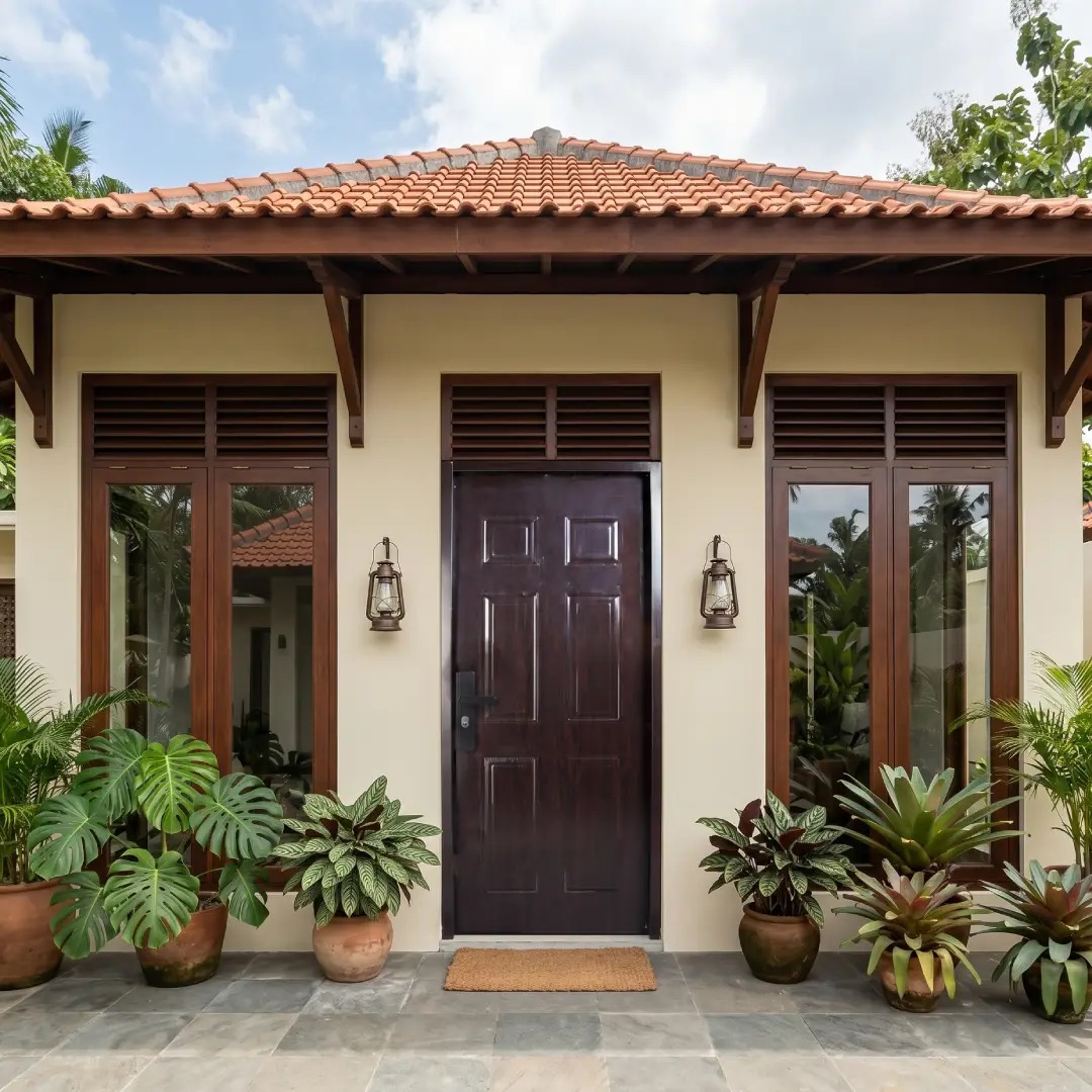 cat teras rumah warna cream dengan pintu fortress motif kayu