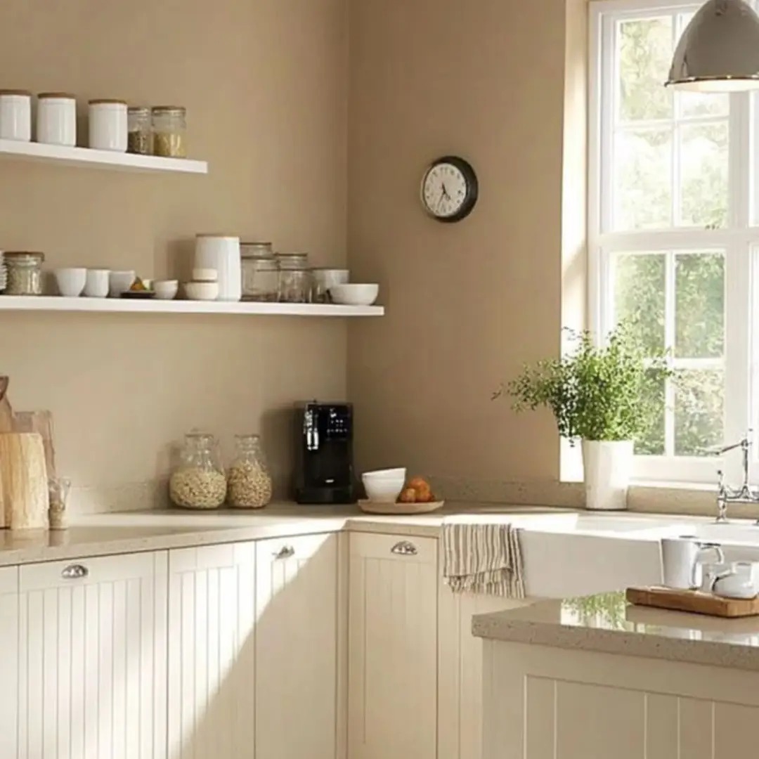 Cat Dapur Warna Cream Tua dengan Kabinet Putih
