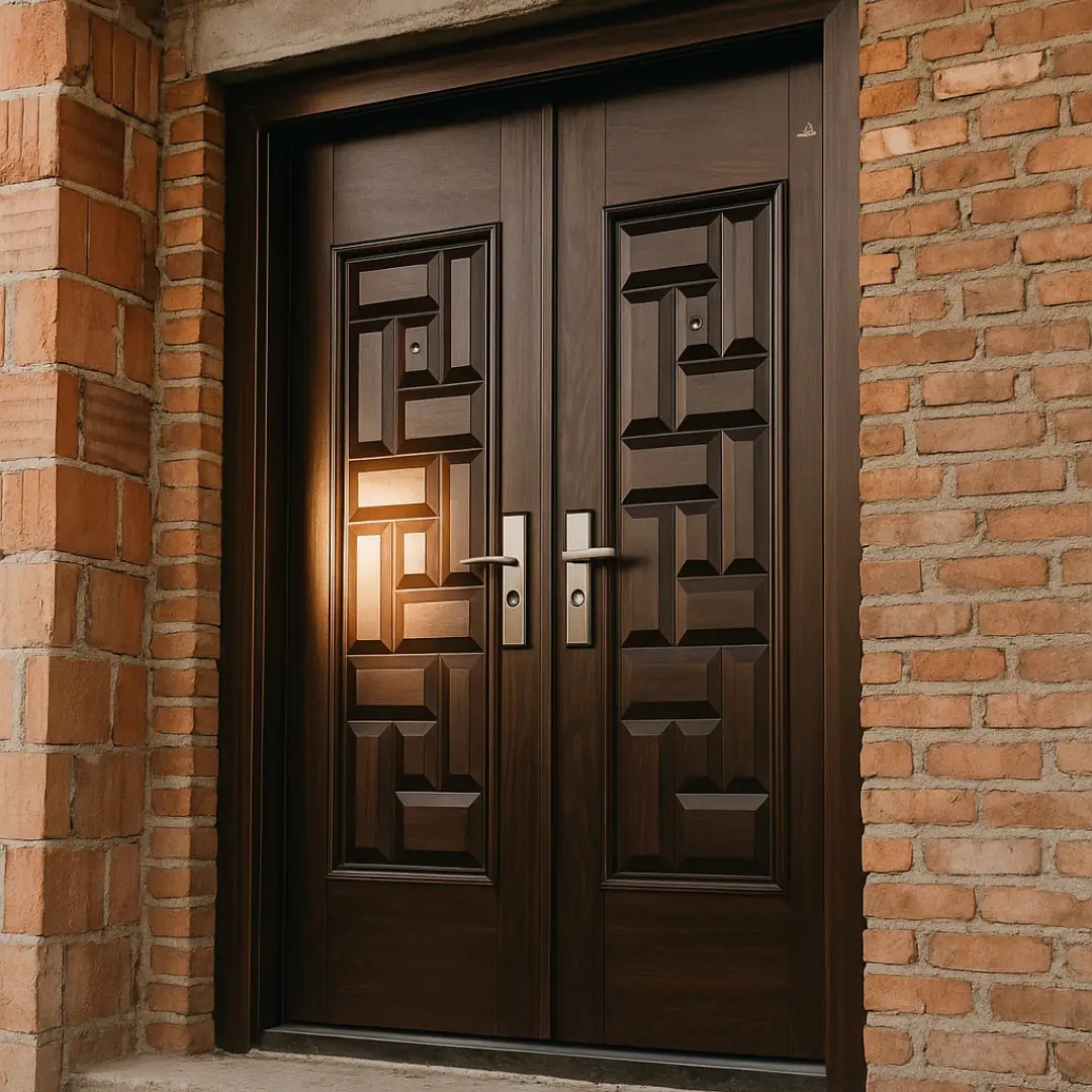 fasad dengan pintu baja fortress 2 daun motif urat kayu asli