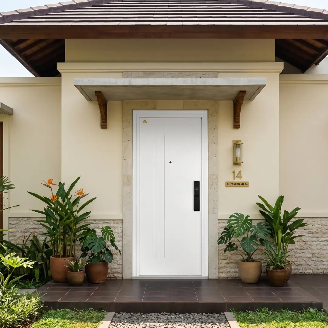 pintu baja warna putih dengan fasad cream