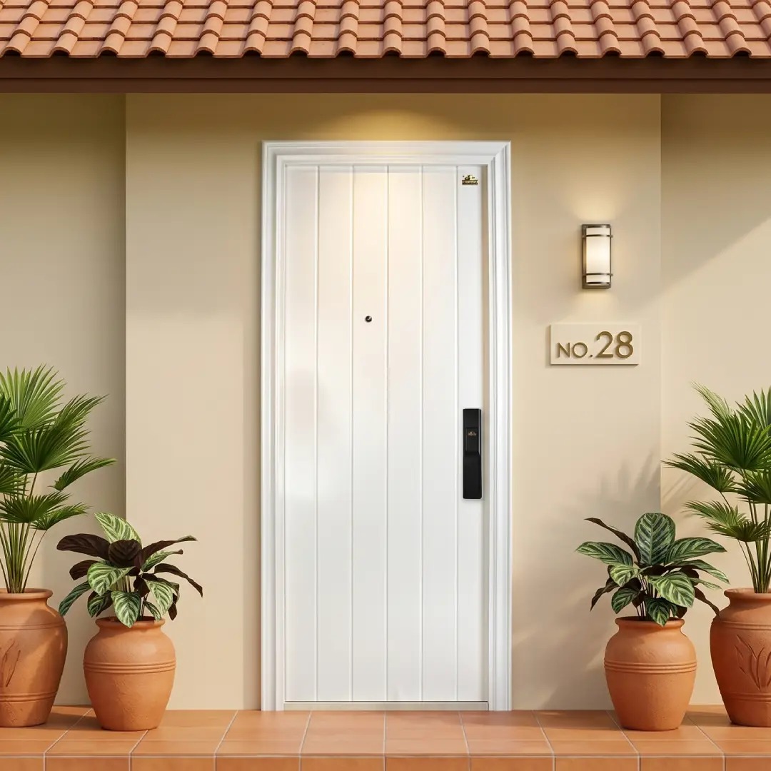 pintu baja fortress putih dipadukan dengan cat dinding warna cream beige