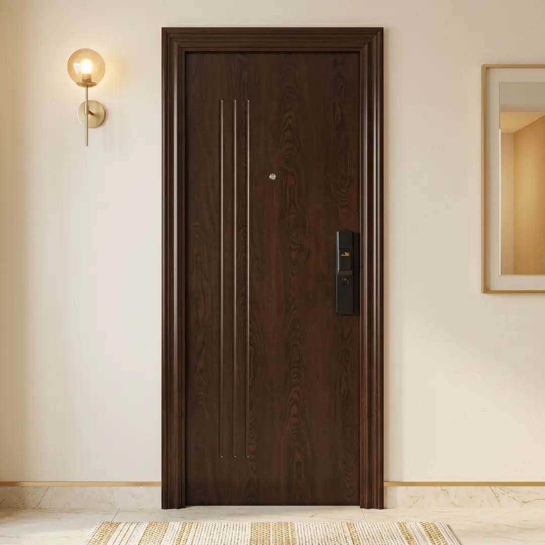 cat warna cream gold dengan pintu baja fortress motif kayu