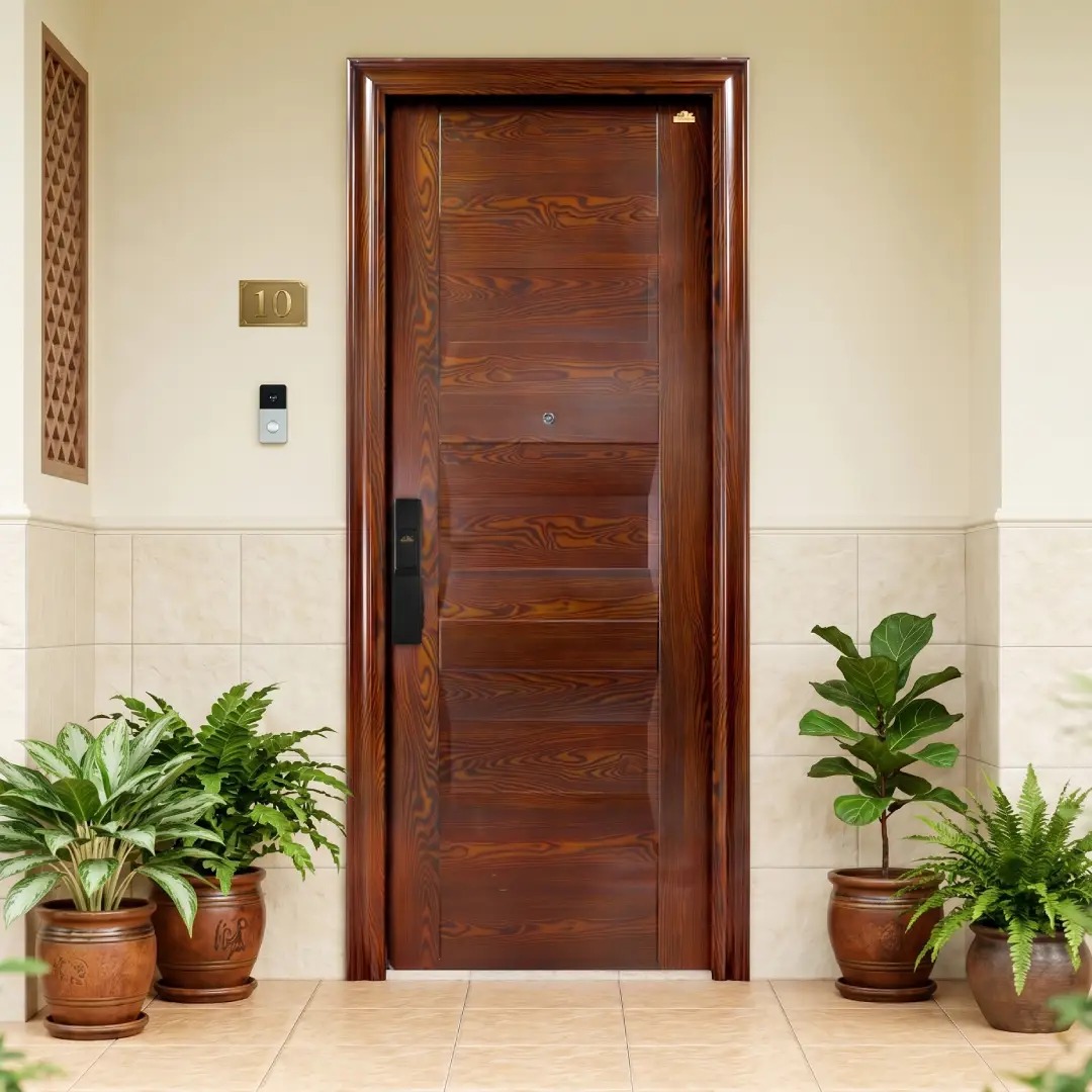 keramik warna cream dengan pintu baja fortress motif urat kayu asli