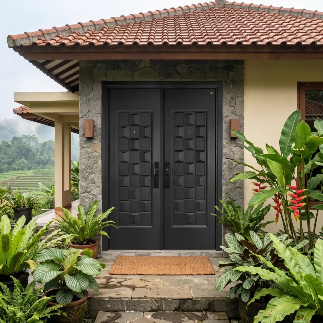 villa menggunakan pintu baja fortress hitam 2 daun