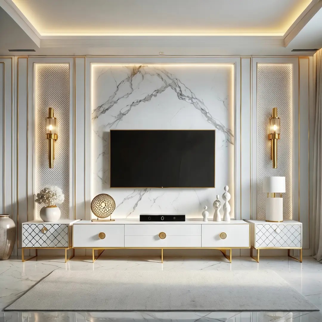 Wall Moulding TV Aksen Emas untuk Tampilan Mewah