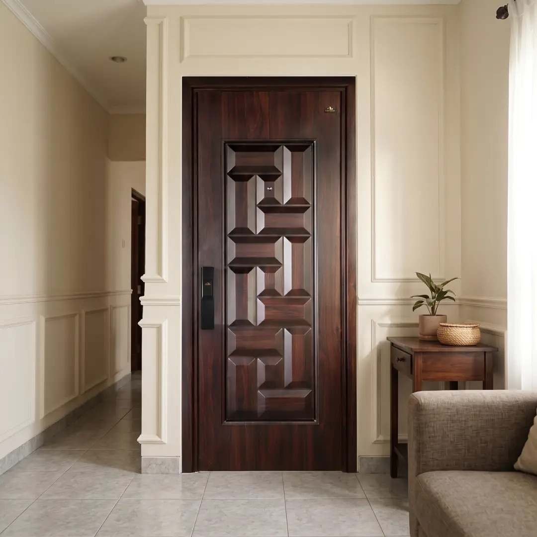 dinding dengan wall moulding dan pintu baja motif kayu merk fortress