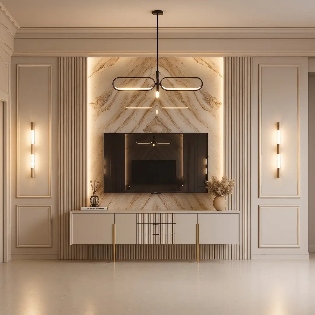 Wall Moulding Persegi Panjang dengan Fluted Wood Panel dan Marmer