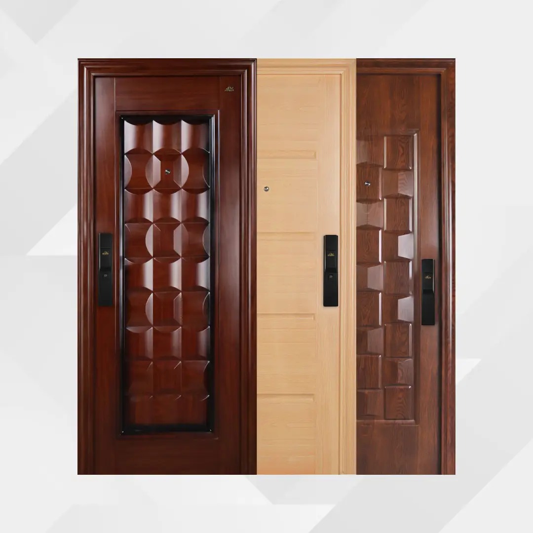 pintu fortress berbahan baja motif urat kayu