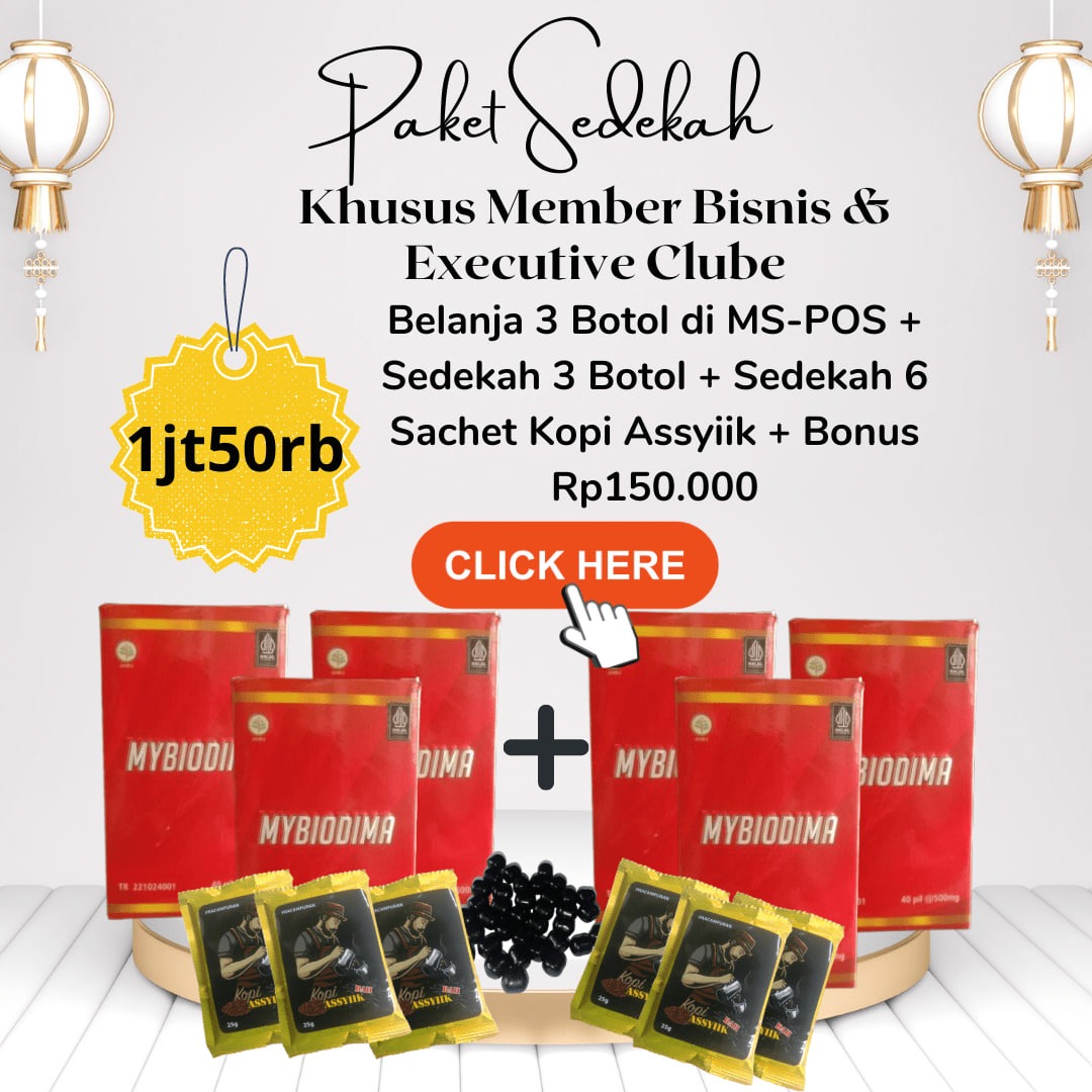 Khusus Member Paket Bisnis & Executive Club PT.BIBS, Belanja Ulang di MS POS (RO) Bayar 3 botol x Rp350.000 = Rp1.050.000 Mendapatkan 3 Botol MYBIODIMA + Sedekah 3 Botol (6 Botol) MYBIODIMA & 6 Sachet Kopi Assyiik + Bonus Belanja Ulang Rp150.000
