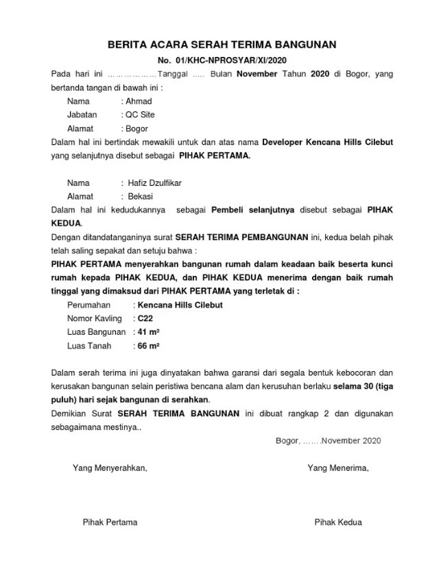Contoh Surat Serah Terima Rumah Dari Kontraktor Secara Detail