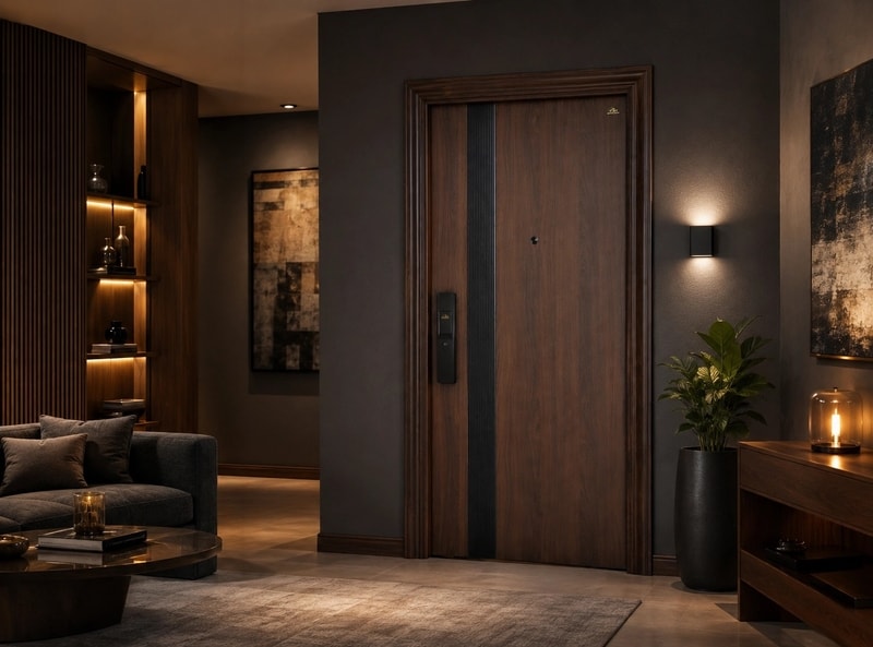 pintu fortress bahan baja signature series tipe fort 17 1 daun motif kayu